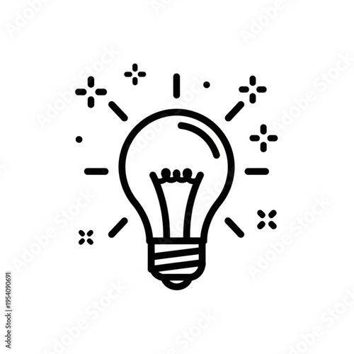 Simple Line Drawing of Illuminated Light Bulb.