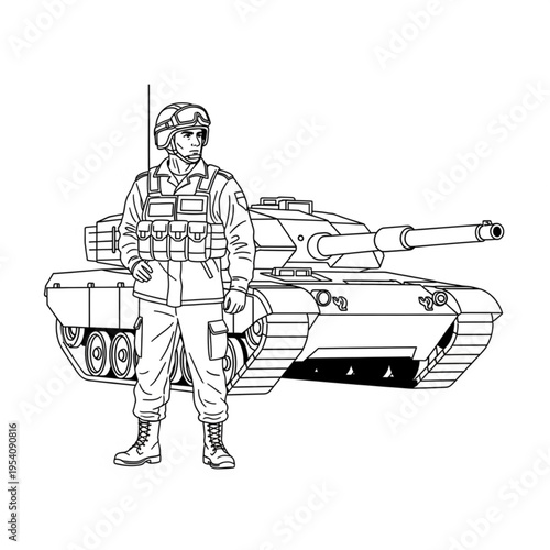 Soldier Standing in Front of Tank.