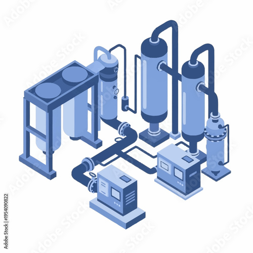 Isometric Industrial Water Treatment Plant with Filtration and Pumping Systems.