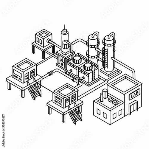 Isometric Line Art Illustration of a Chemical Plant or Industrial Facility with Various Structures and Pipes.