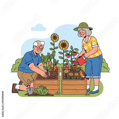 Elderly Couple Gardening Together in Yard.