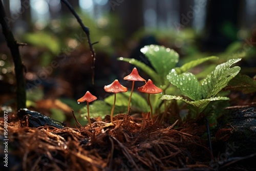 Delicate mushrooms with water drops thriving on a moist, green forest floor