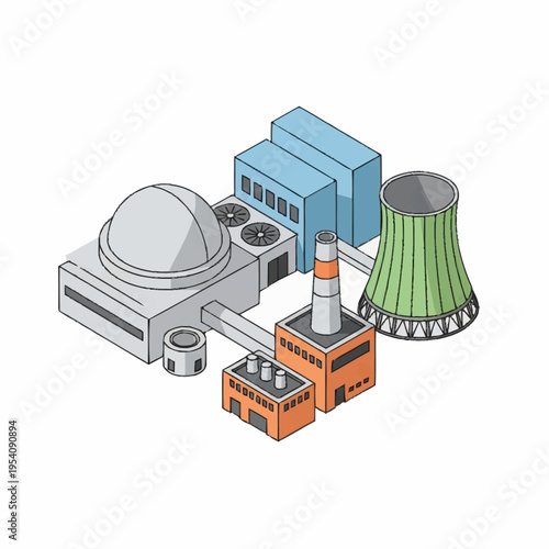 Isometric Nuclear Power Plant Illustration for Energy Production.