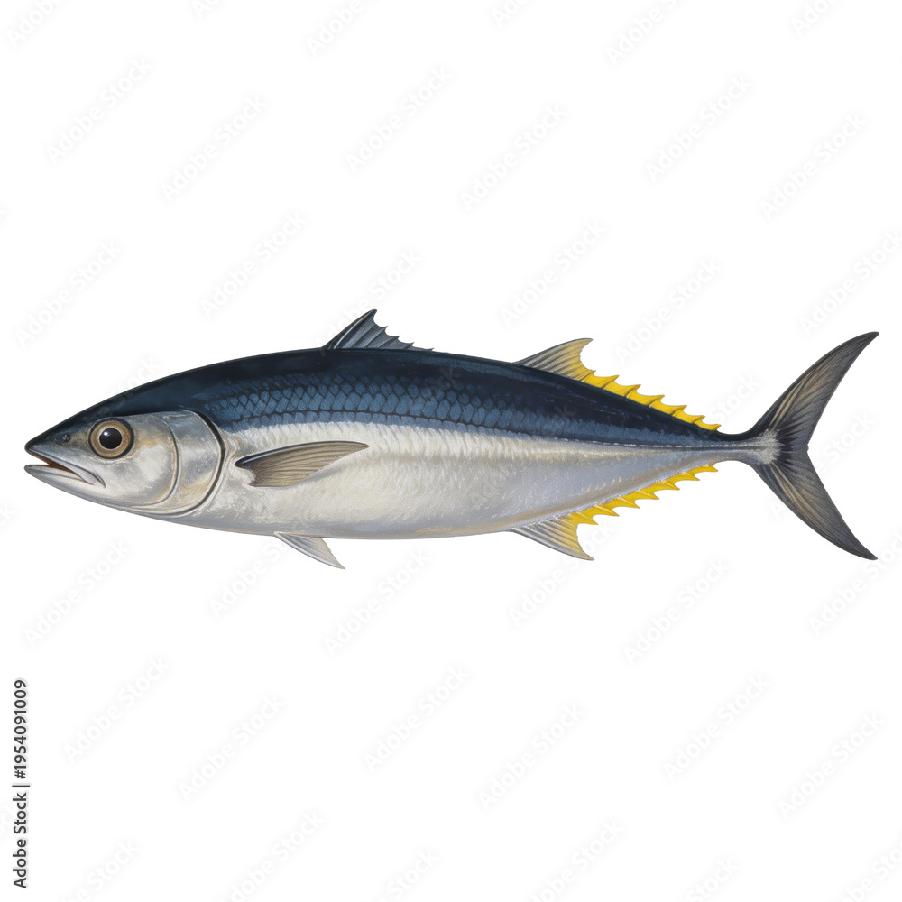 Fototapeta premium Yellowfin tuna fish swims horizontally against a plain white background in a detailed scientific illustration style.