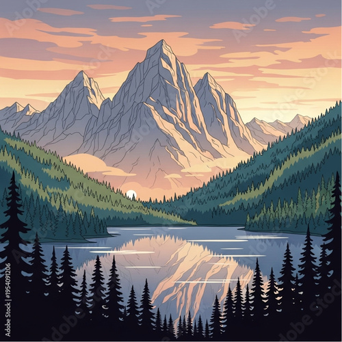Mountain Peaks with Lake and Trees Illustration.