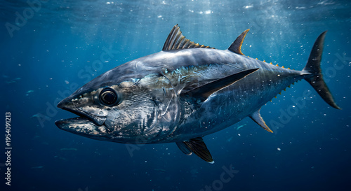 Close-up of a tuna fish swimming in deep blue ocean water.