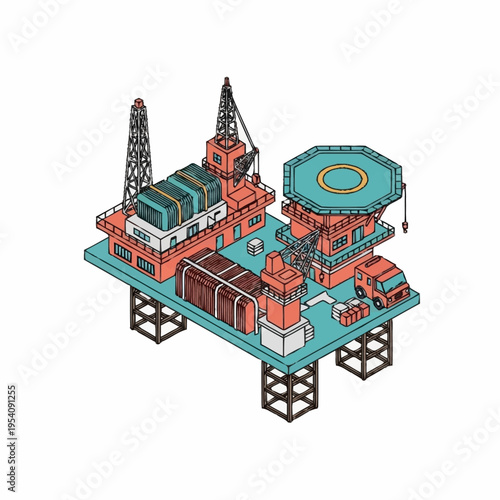 Isometric offshore oil rig platform for energy production.