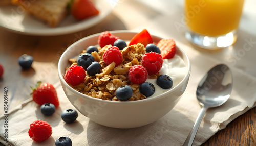 Yogurt granola berries breakfast scene