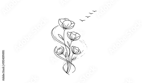 Minimalist floral line drawing with abstract wave lines and flying bird flock elegant botanical vector design