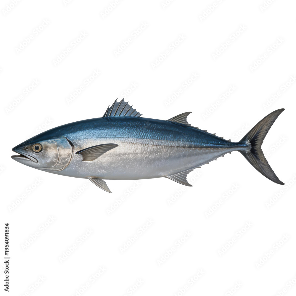 Obraz premium Albacore tuna fish swims across a white background displaying its metallic blue back and long pectoral fins in a detailed side profile illustration.