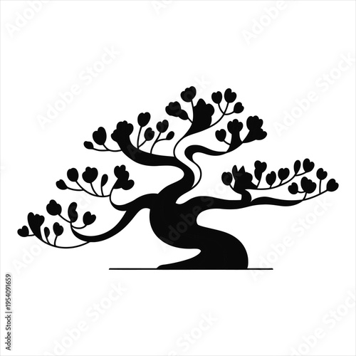 Black silhouette of a stylized, artistic bonsai tree features curved branches and clustered leaves on a white background.