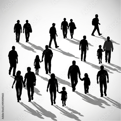 Silhouettes of People Walking in Various Directions.