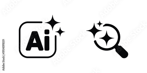 Artificial intelligence sign magnifying glass loupe sign, icon representing AI analysis, data inspection, and machine learning research