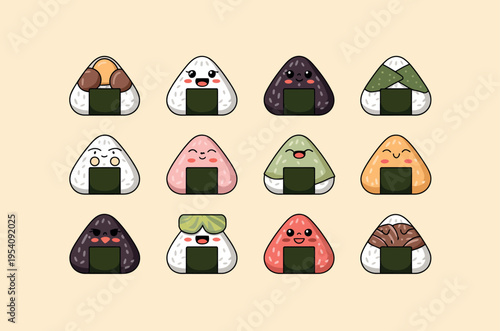 This grid displays twelve adorable onigiri characters with various facial expressions and toppings. Each rice ball has a unique personality, from happy and blushing to cool and wearing sunglasses.