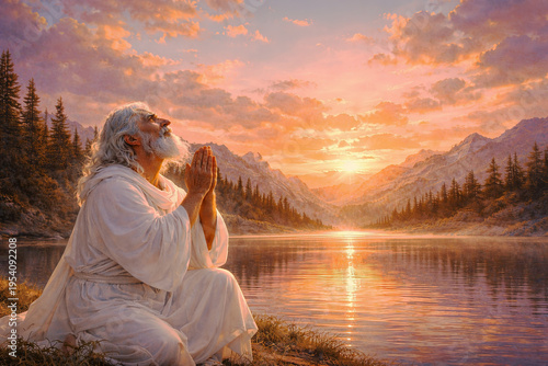 A white-bearded elder in white robes prays by a lake against a golden sunrise over a mountain landscape with forest