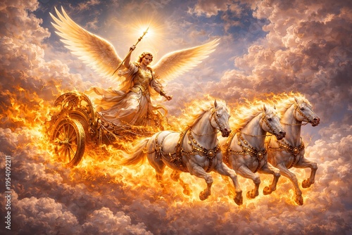 An angel in golden robes holds a scepter and drives a fiery chariot pulled by three white horses racing through the heavenly clouds