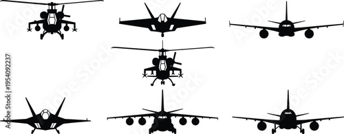 Aviation silhouette set featuring helicopters fighter jets and commercial airplanes front view vector collection for military and civil transport design