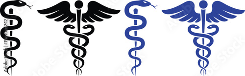 Contrast of black and blue caduceus and rod of asclepius medical symbols