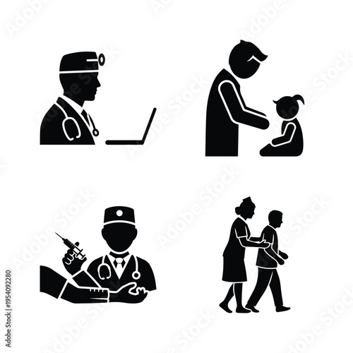 Comprehensive medical consultation and patient interaction icons featuring doctors and healthcare staff