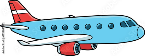 Cartoon style passenger airplane illustration with blue fuselage and red engines modern jet aircraft design for travel aviation transport concept