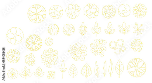 Landscape Architecture Top View Vector Symbols – Trees, Plants, Shrubs Minimal Line Art Yellow Outline Set