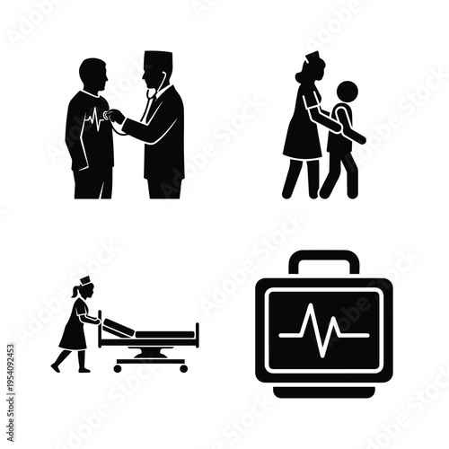 Healthcare professionals performing physical examinations and monitoring patient health in black silhouette st