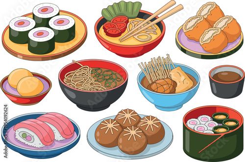 A delicious spread of traditional Japanese cuisine is showcased in colorful bowls and plates. The selection includes savory ramen, fresh sushi rolls, and golden-brown dumplings. 