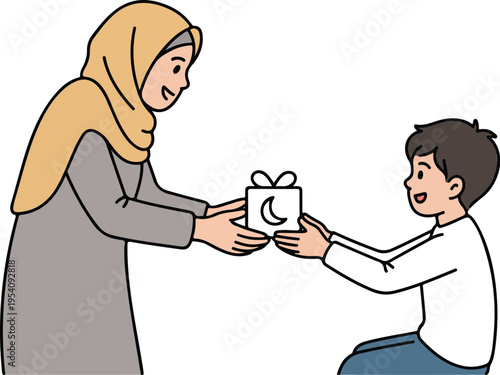 Muslim mother wearing hijab giving gift box to her son for Ramadan Kareem and Eid al-Fitr celebration vector illustration.
