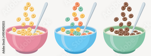 Cereal bowl vector, milk breakfast with oatmeal, fruit, chocolate cornflakes, kids muesli plate, healthy eating illustration, isolated on white background