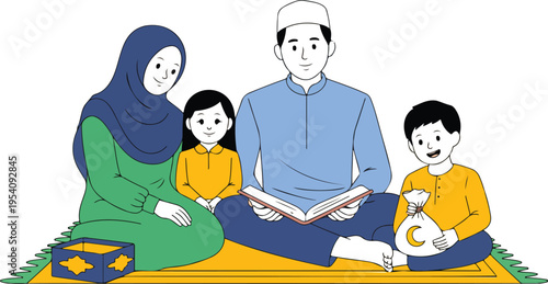 Happy Muslim family with children reading holy book and giving charity donation for Ramadan and Eid celebration vector.