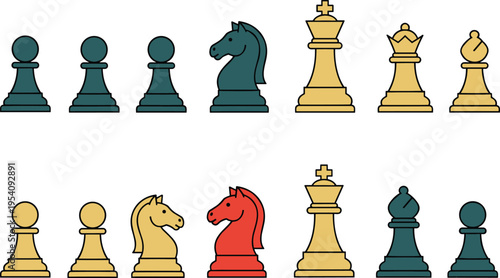 Colorful chess pieces icon set featuring pawns knights king and bishop in flat vector style for strategy board game design