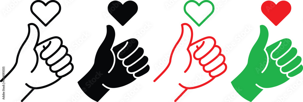 Fototapeta premium Four thumbs-up gestures with different colored heart symbols