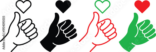 Four thumbs-up gestures with different colored heart symbols