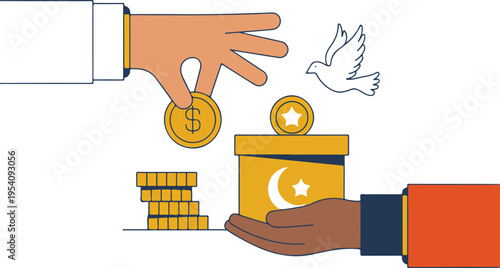 Islamic charity donation concept with hands giving coins to zakat box and peace dove for Ramadan Kareem vector illustration.