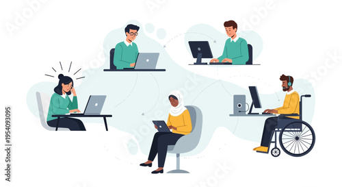 Diverse Global Team Collaborating Online: Remote Work, Hybrid Workplace & Digital Connectivity Illustration