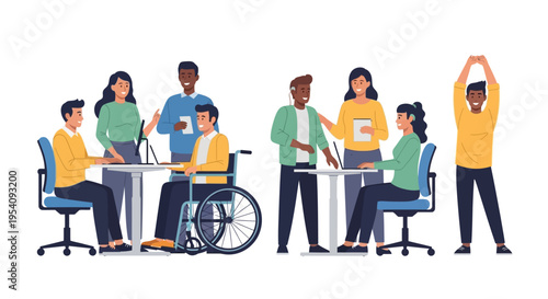 Diverse & Inclusive Business Team Collaborating in Modern Accessible Workplace. Colleagues with Disabilities (Wheelchair, Hearing Aid) Working Together, Promoting Equal Opportunity.