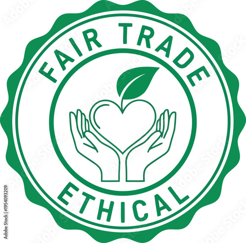 Quadro em tela Fair trade ethical stamp with hands holding heart shape and leaf symbol represen