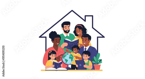 Diverse Family Learning and Reading Together at Home, Embracing Education and Knowledge within a Supportive Environment