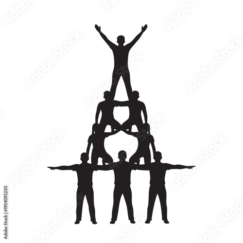 Silhouette illustration of men forming a human pyramid, symbolizing team building, trust, and collective achievement in a coordinated effort