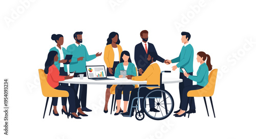 Diverse and Inclusive Business Team Meeting with Handshake - Professional Collaboration and Strategy Discussion with Disabled Colleague