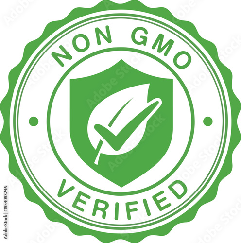 Non GMO verified stamp with protective shield and leaf symbol plus check mark sign representing pure food