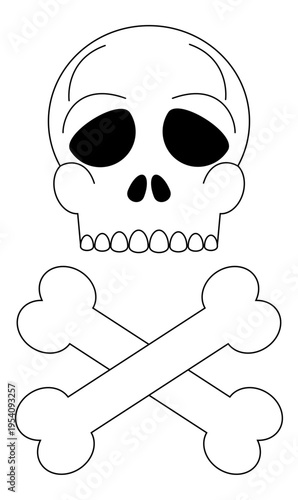 Calavera con huesos en forma de cruz. Ilustración con estilo caricatura. Vector para sitio web, folleto, app, fiesta de Halloween y otros.