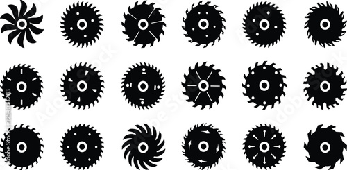 Circular saw blade silhouette collection with various designs, black vector icons isolated on white background for woodworking and industrial tool use