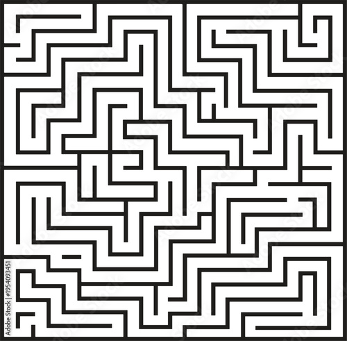 Square maze puzzle with complex pathways, black and white labyrinth game design for brain teaser, education, and problem solving activities