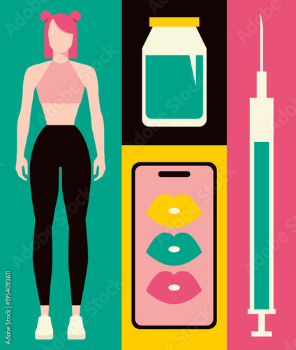 Aesthetic medicine and cosmetic treatment concept with female character and syringe