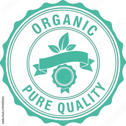 Organic pure quality circular badge seal with ribbon and leaves for food product certification and natural goods emblem