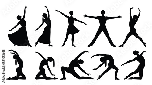 A collection of dancers in various poses and styles showcasing their artistry and grace, expressive dance figures capturing movement, performance, and choreography for artistic