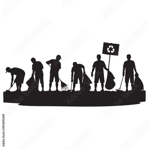 Silhouette illustration of people engaging in a community clean-up, collecting trash and advocating for recycling, promoting environmental responsibility