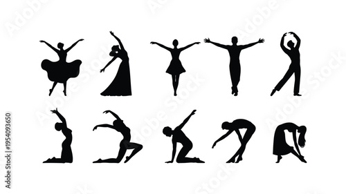 A collection of dancers in various poses and styles showcasing their artistry and grace, elegant silhouettes and motion