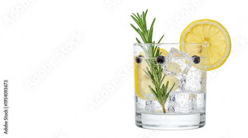 Refreshing gin and tonic cocktail with juniper berries and lemon slice in chilled glass on white background